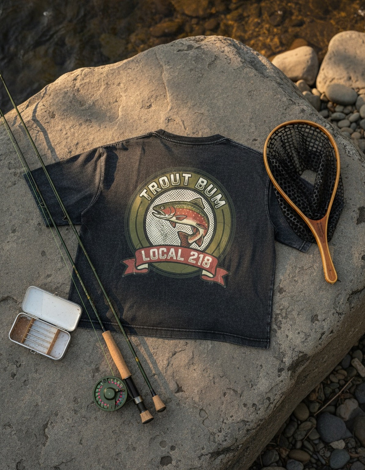 Trout Bum Local 218 tee on the dock with fishing gear