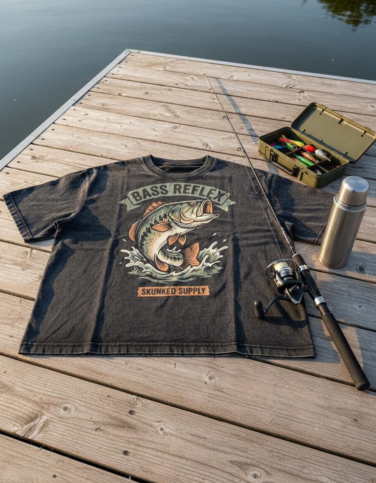 Bass Reflex tee on the dock with fishing gear