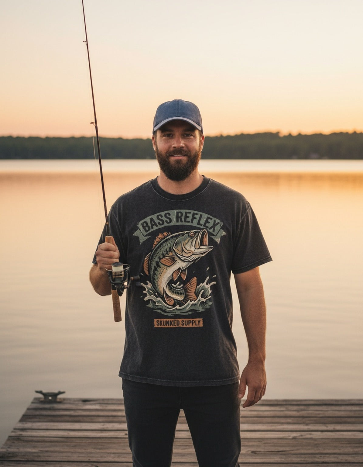 Bass Reflex tee worn by an angler at the lake
