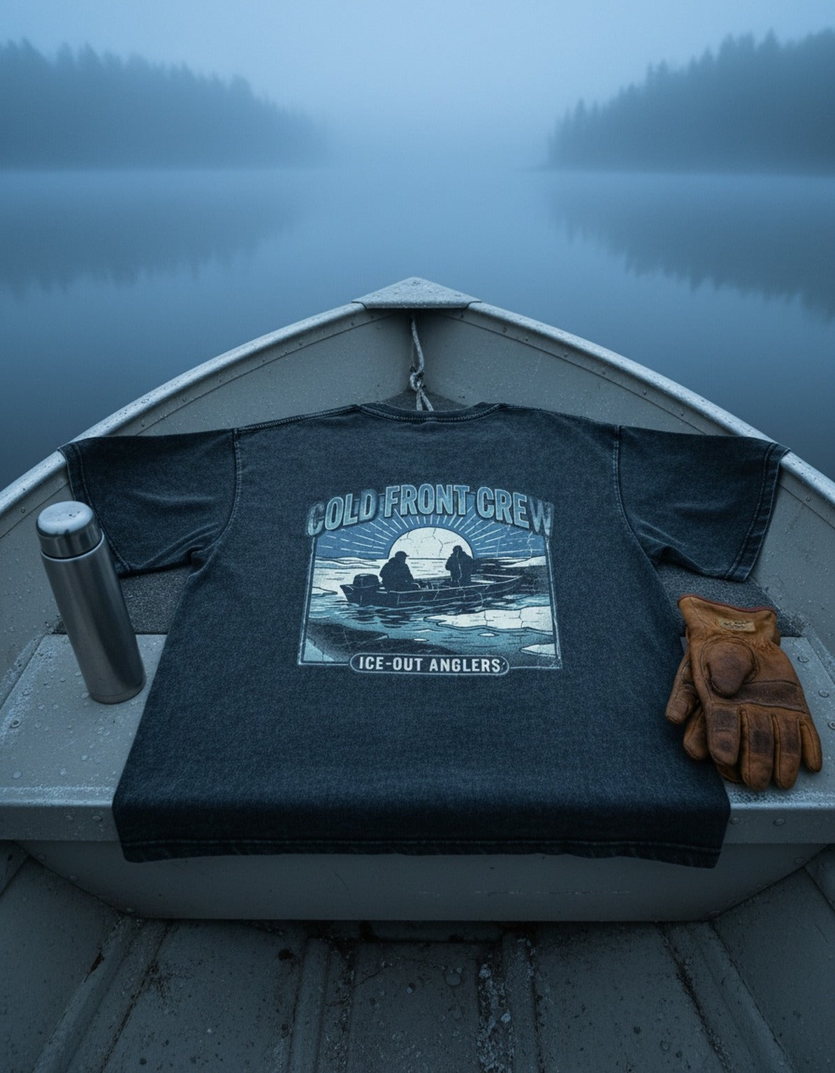 Cold Front Crew tee on the dock with fishing gear