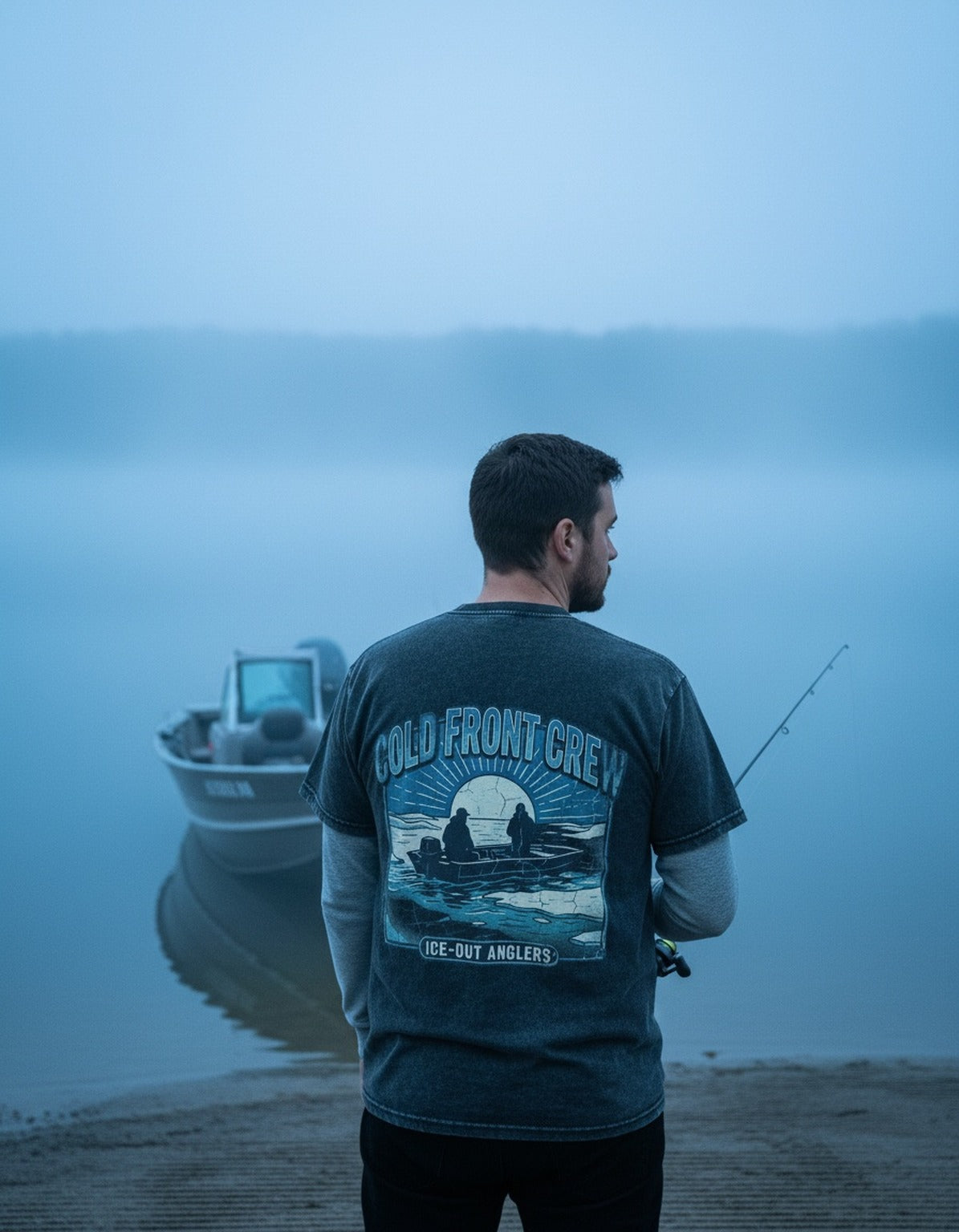 Cold Front Crew tee worn by an angler at the lake