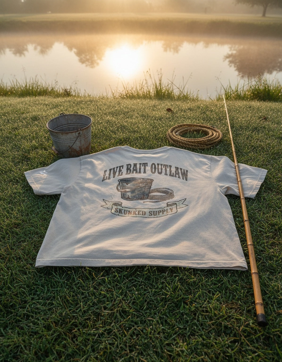 Live Bait Outlaw tee on the dock with fishing gear