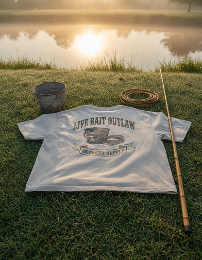 Live Bait Outlaw tee on the dock with fishing gear