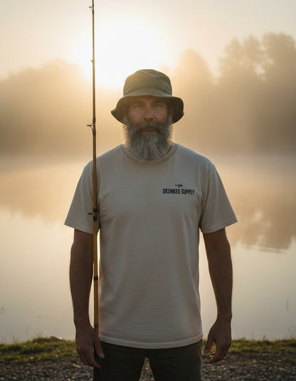 Live Bait Outlaw tee front view, small chest logo