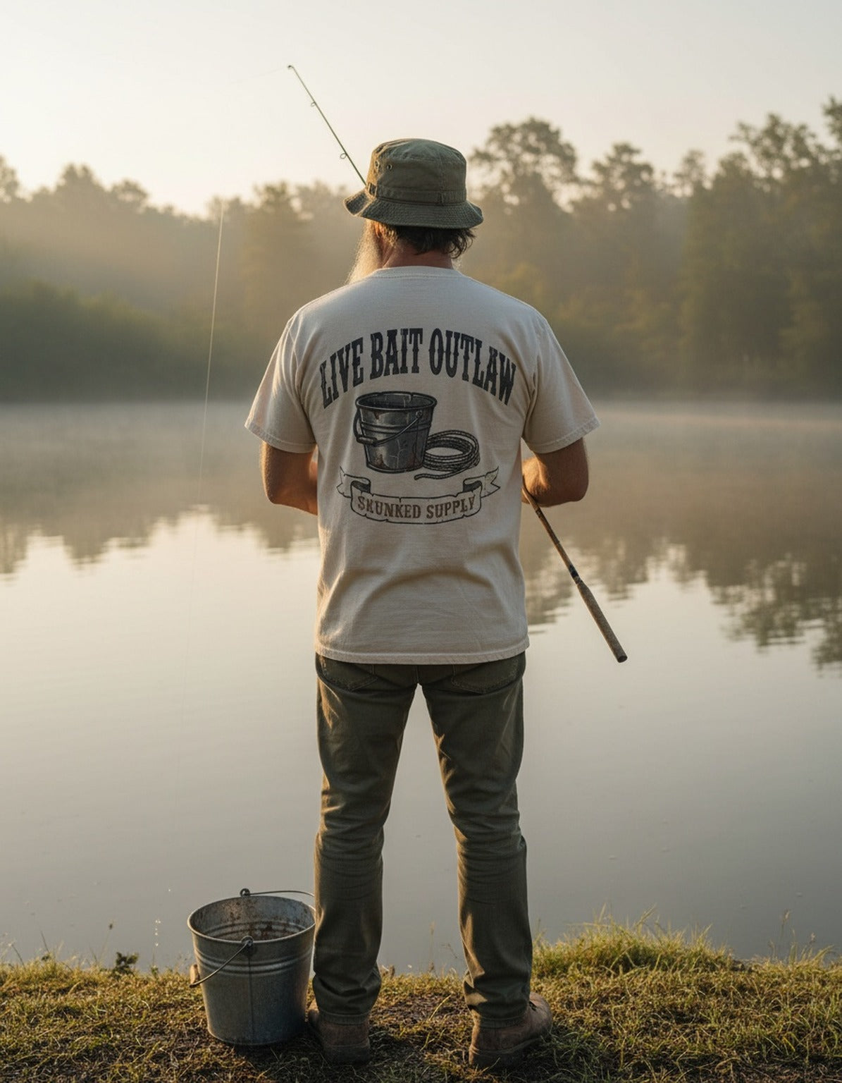 Live Bait Outlaw tee worn by an angler at the lake