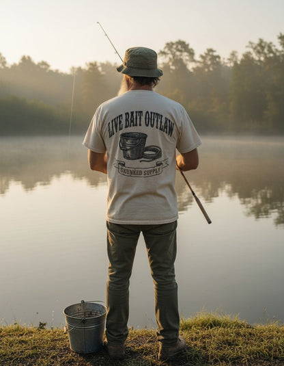 Live Bait Outlaw tee worn by an angler at the lake