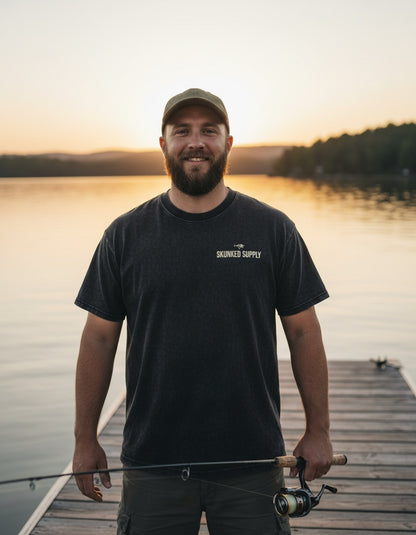 Musky Fever tee front view, small chest logo
