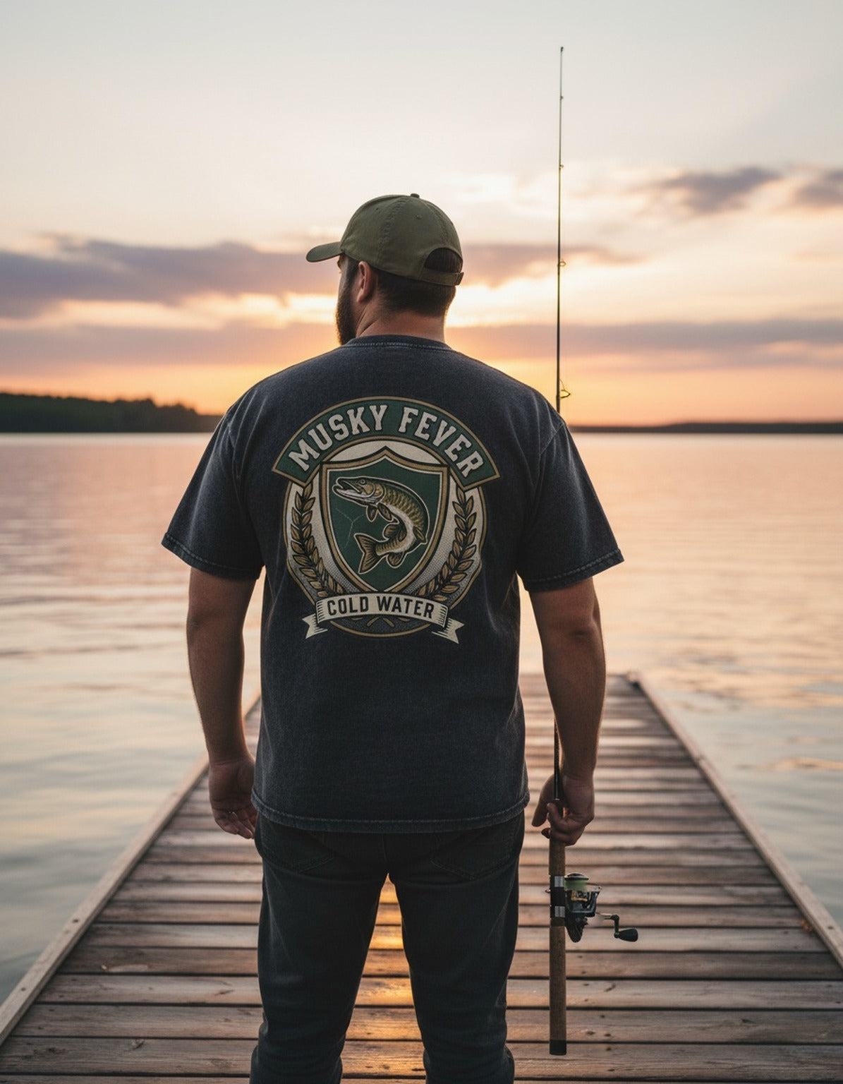 Musky Fever tee worn by an angler at the lake