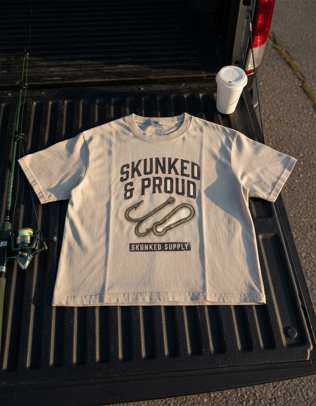 Skunked & Proud tee on the dock with fishing gear