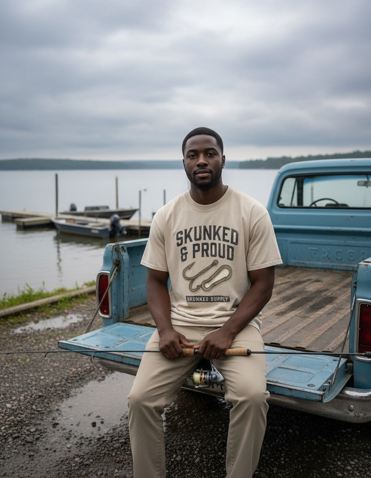 Skunked & Proud tee worn by an angler at the lake