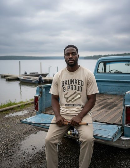Skunked & Proud tee worn by an angler at the lake