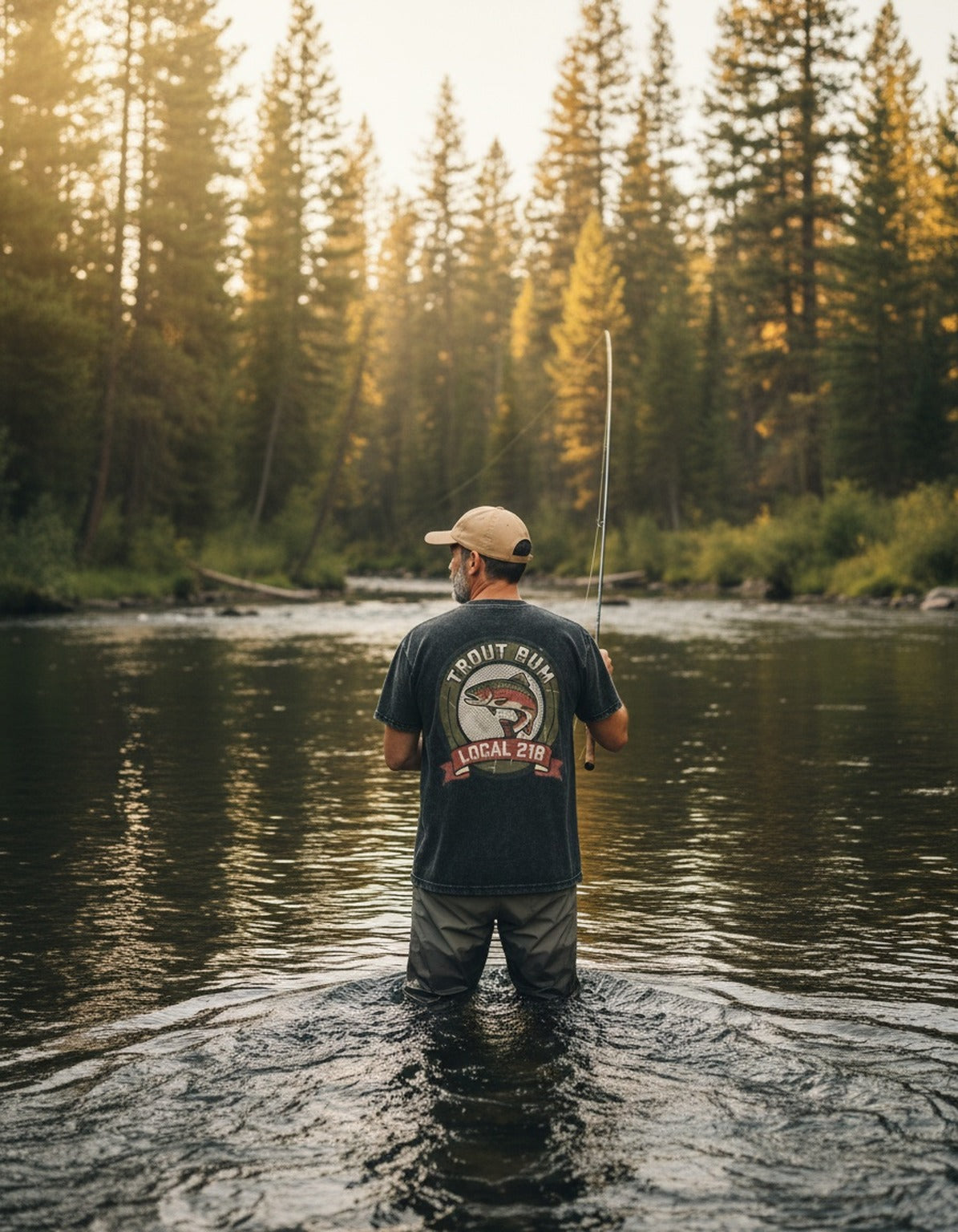 Trout Bum Local 218 tee worn by an angler at the lake