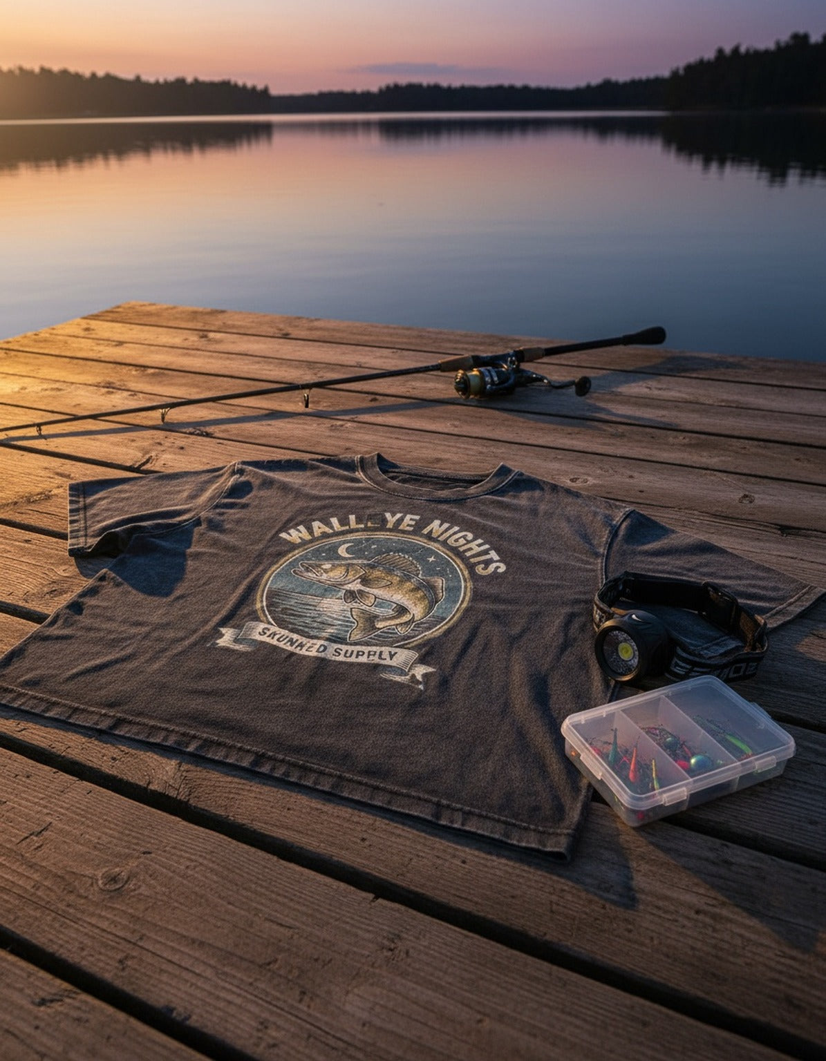 Walleye Nights tee on the dock with fishing gear