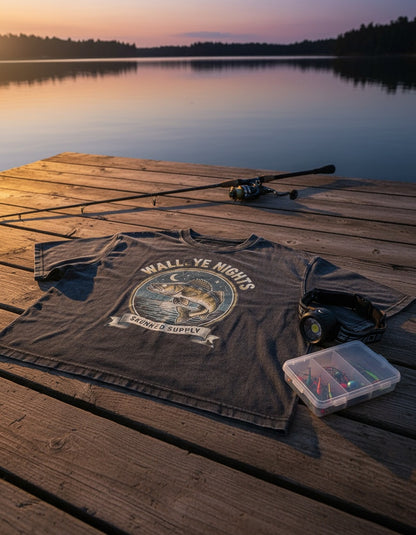 Walleye Nights tee on the dock with fishing gear