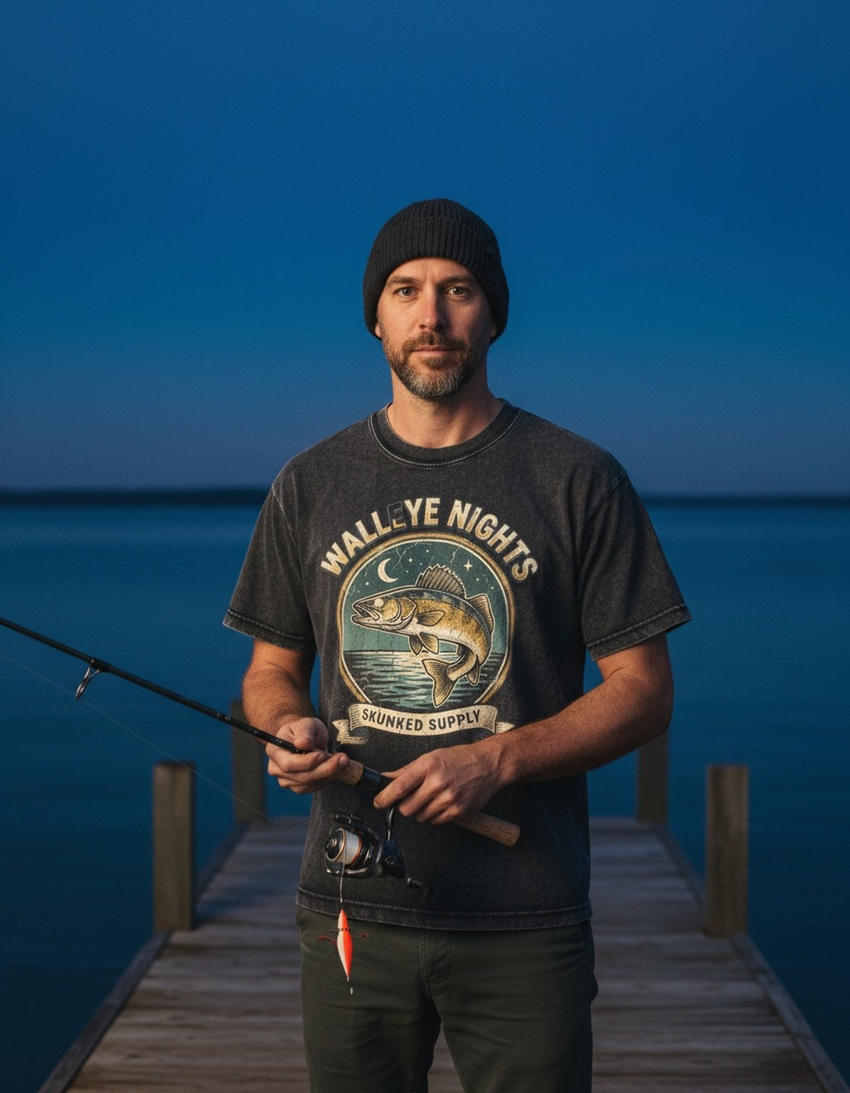 Walleye Nights tee worn by an angler at the lake
