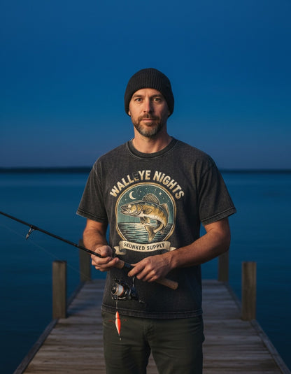 Walleye Nights tee worn by an angler at the lake
